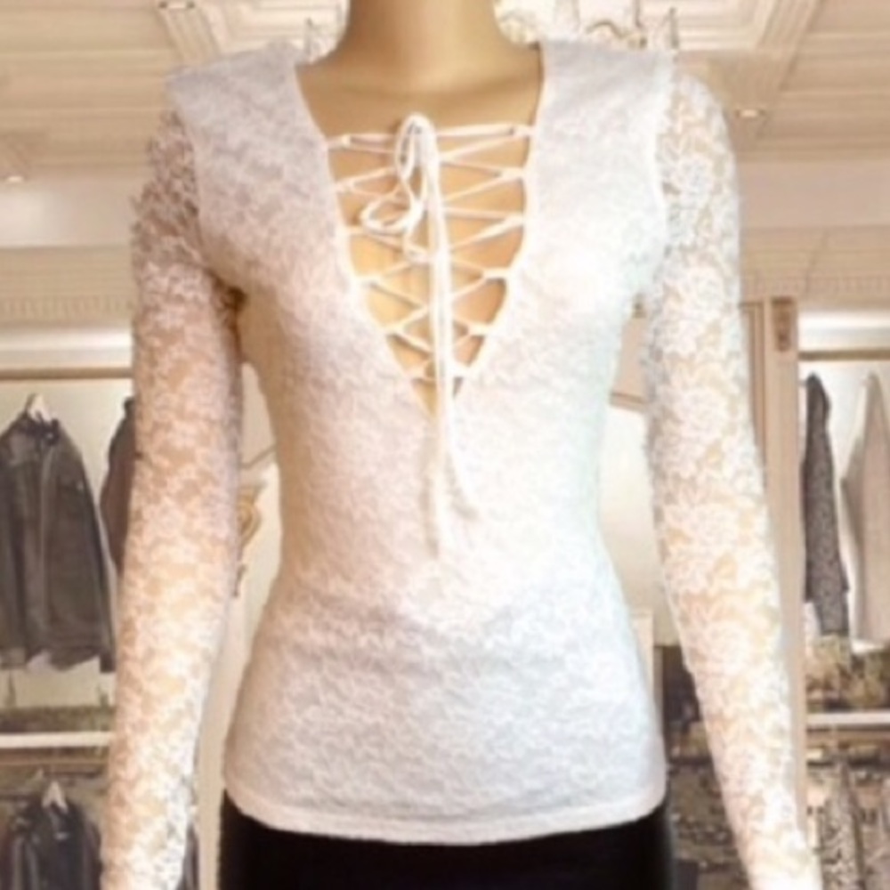 White Long Sleeve Lace-Up Top